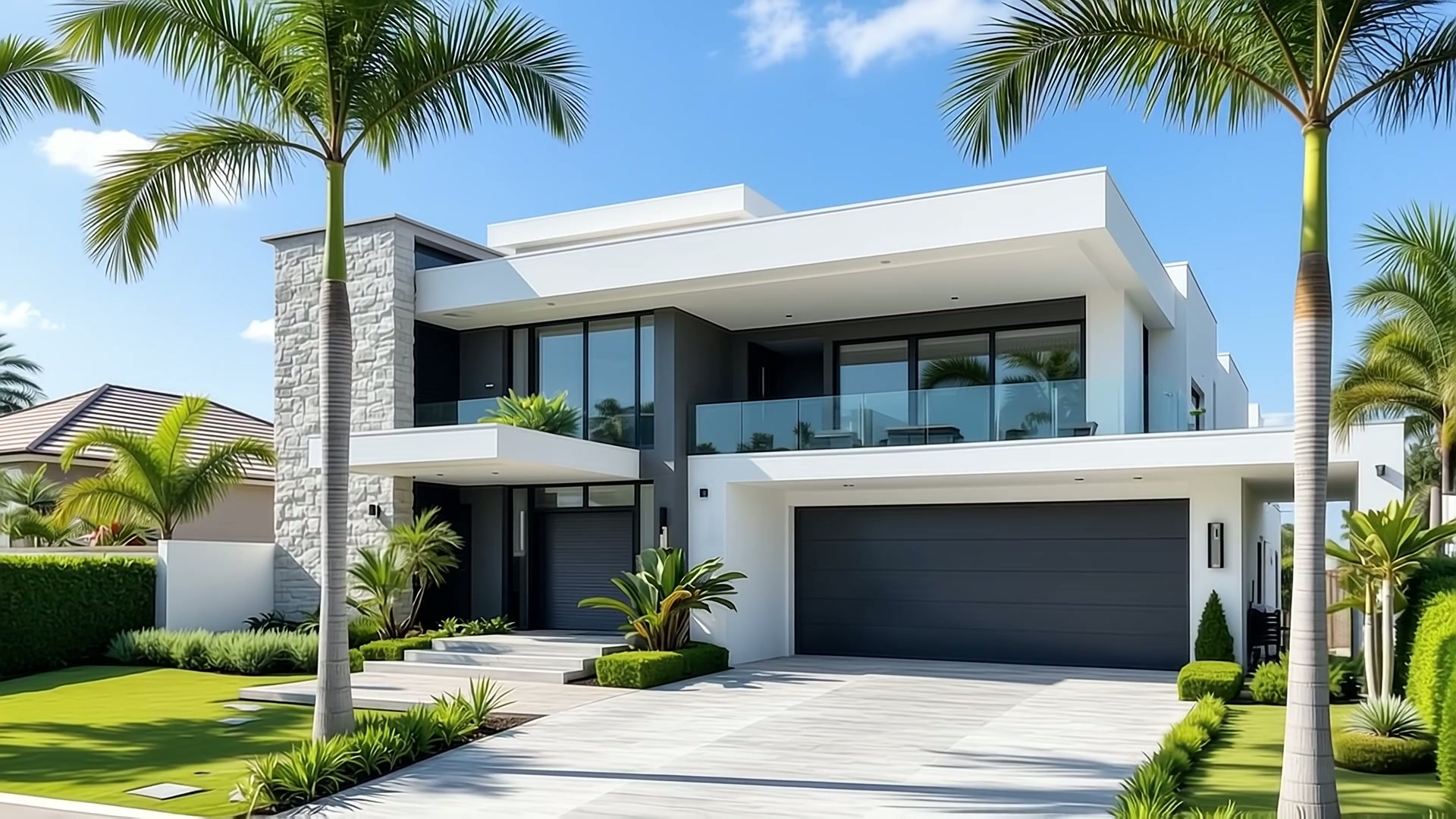 Modern white villa with palm trees and a wide driveway