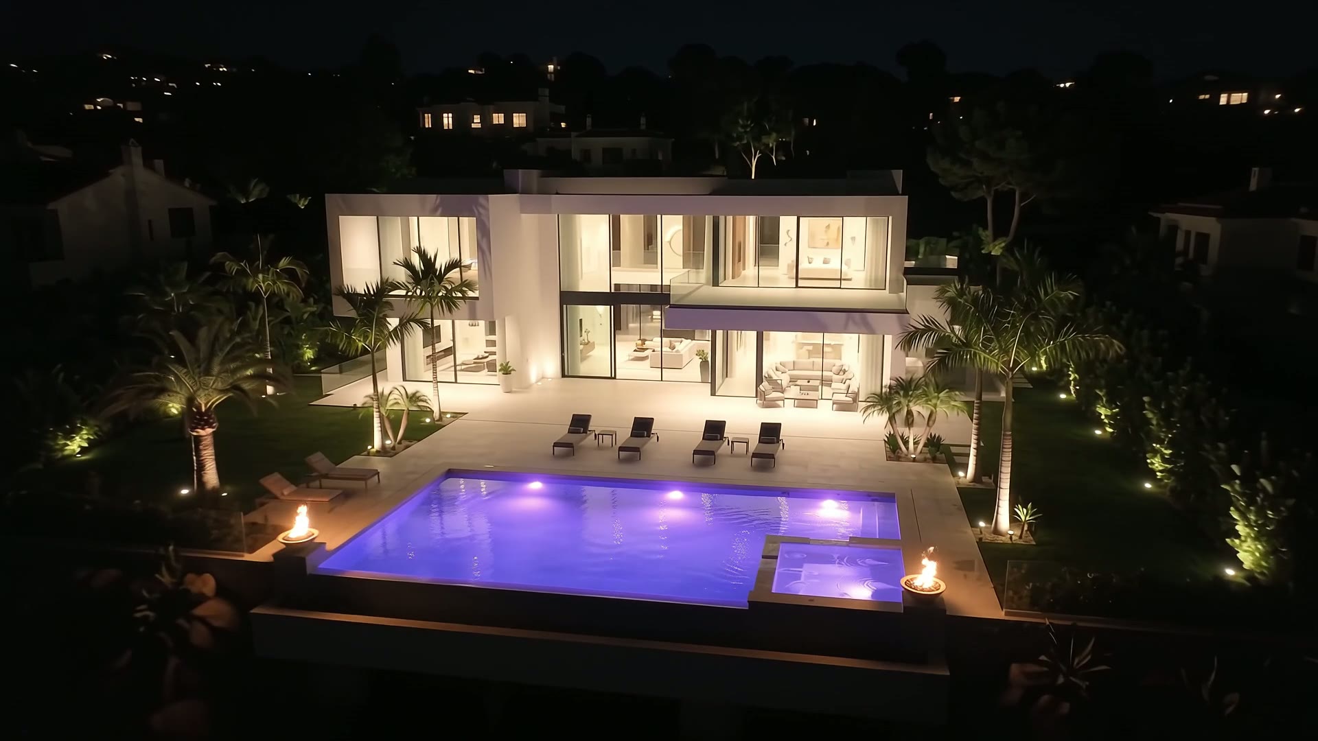 Modern white villa at night with a glowing purple pool