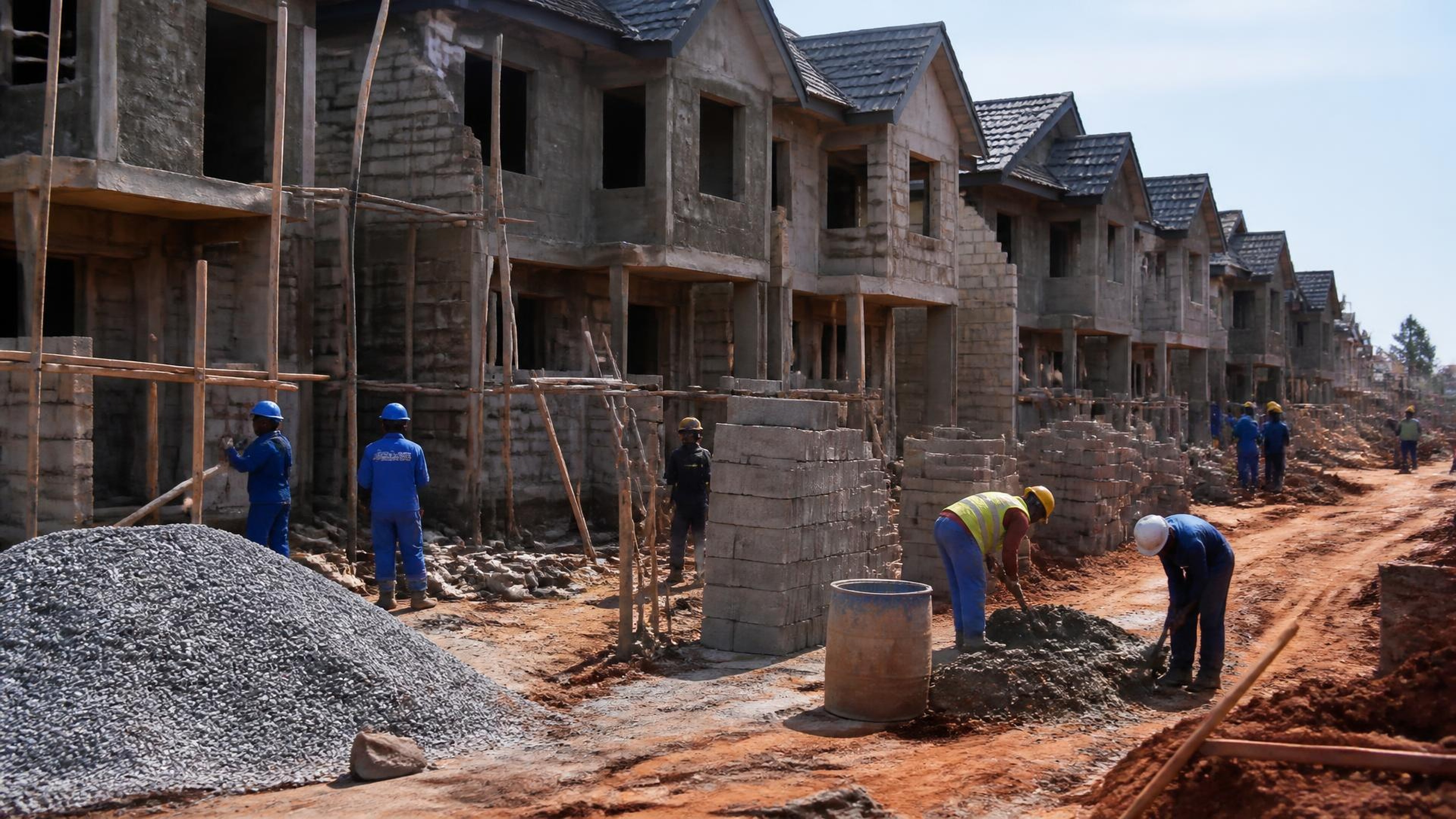 Townhouse development under construction with masonry crews and material stacks